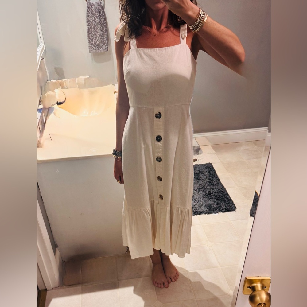 Emma & Michele Cream Tie-Shoulder Button Midi Dress